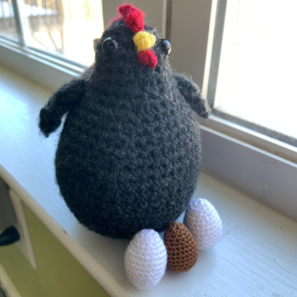Chunky Dark Grey Crochet Chicken w/ Eggs Stuffed Plushie Toy| Sitting Plushie